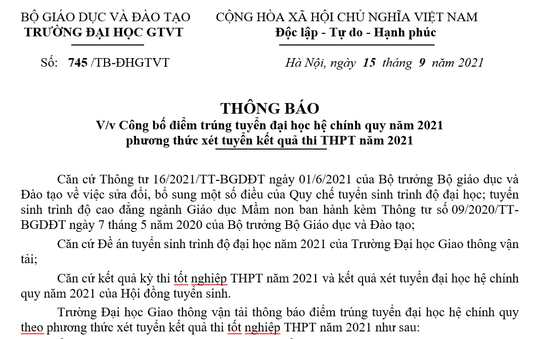 Trường Đại học Giao thông vận tải thông báo điểm chuẩn xét ...