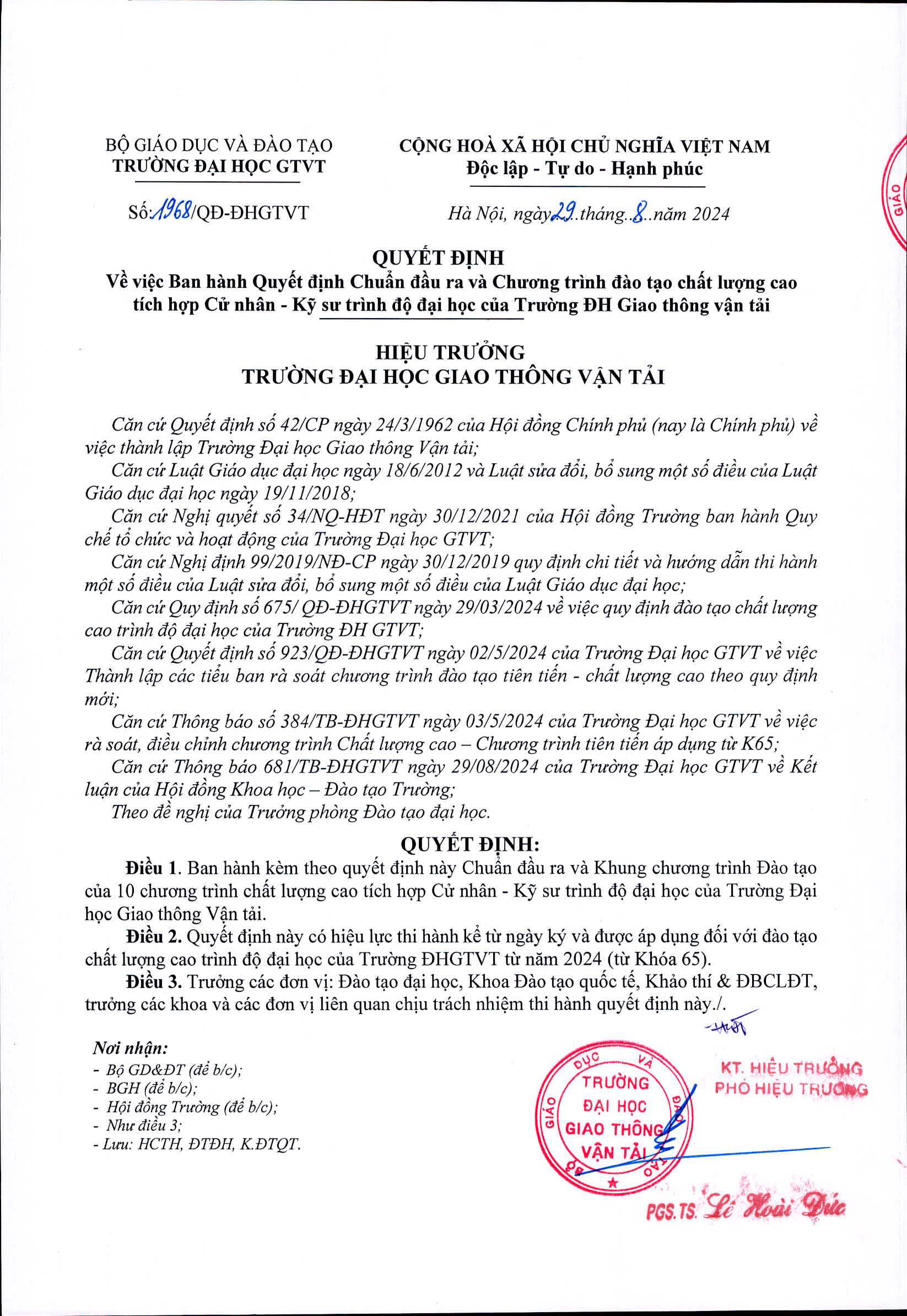 Quyết định Chuẩn đầu ra và Chương trình Đào tạo: Chất lượng cao - Cơ khí ô tô Việt - Anh tích hợp Cử nhân - Kỹ sư, mã ngành: 7520103